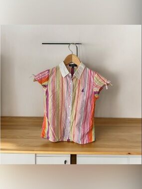 Bean Pole Girl's Striped Short Sleeve Blouse Buttons Ties on Sleeve Sz 5T Kids